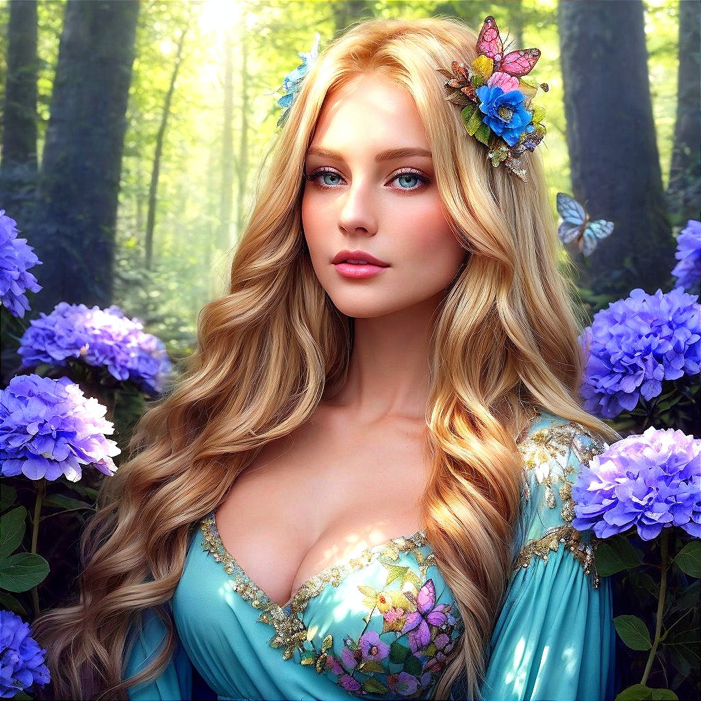 Mystical Forest Scene with Ethereal Woman and Flowers