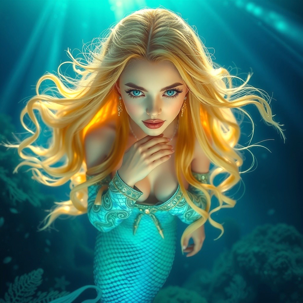 Mermaid Underwater Scene with Coral and Blue Light