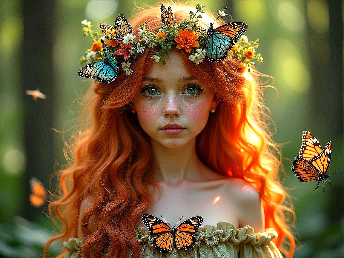 Young girl with red hair and floral crown in forest