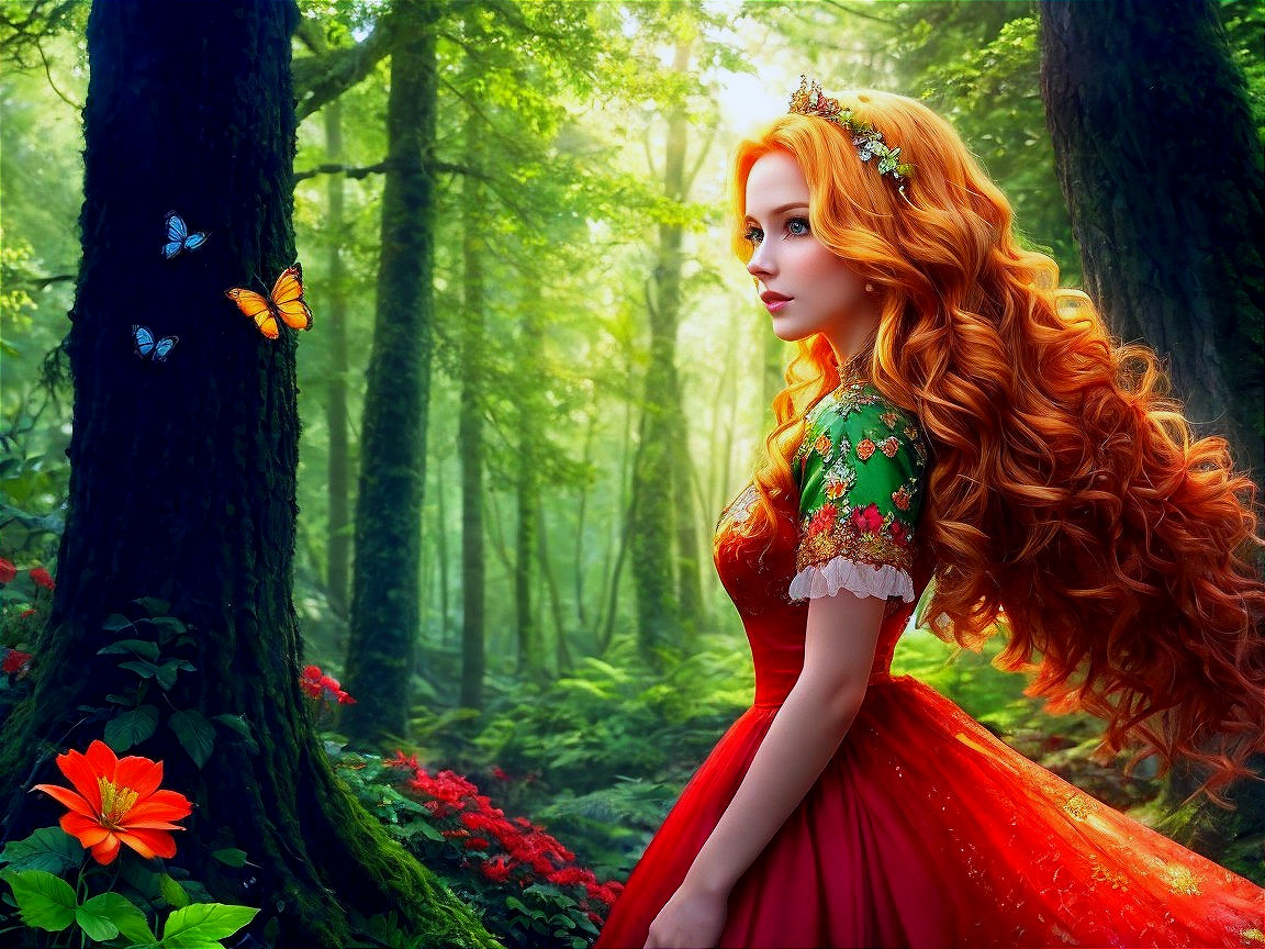Enchanted Forest Scene with Young Woman and Butterflies
