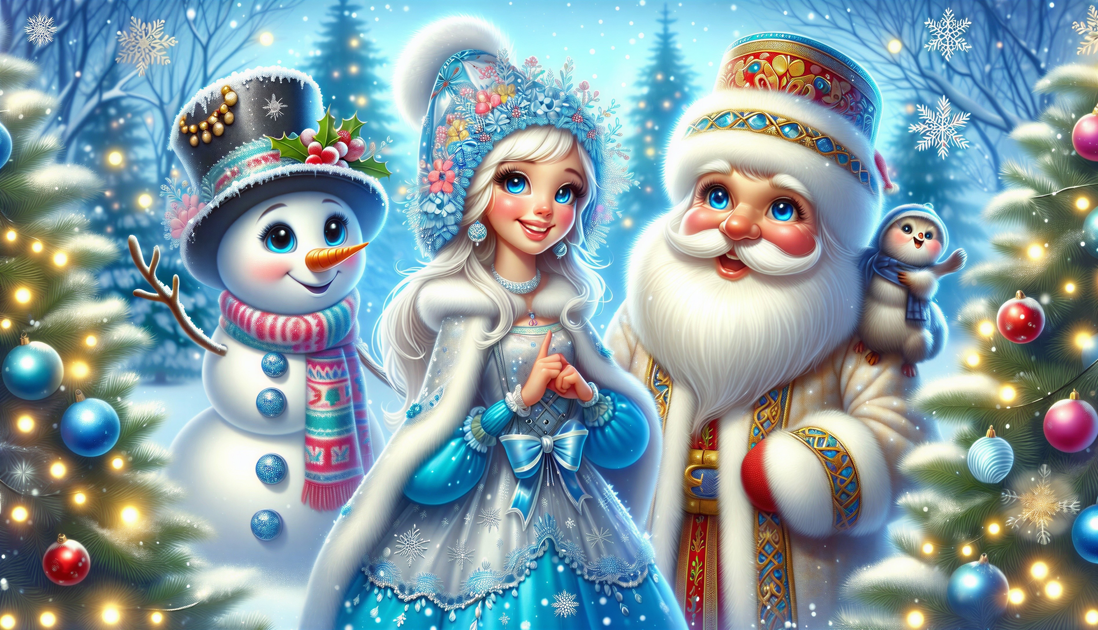 Cheerful girl in winter wonderland with snowman and Santa
