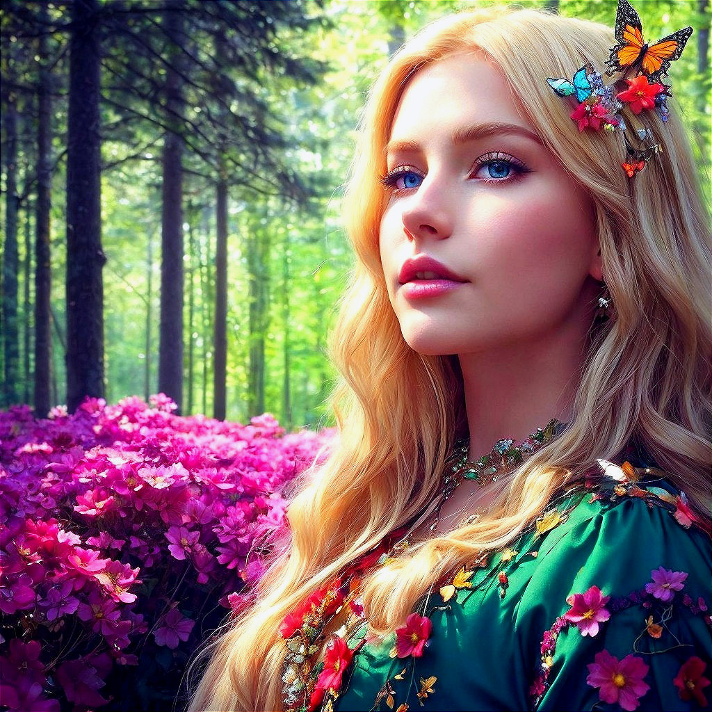 Young woman in vibrant forest with floral accents