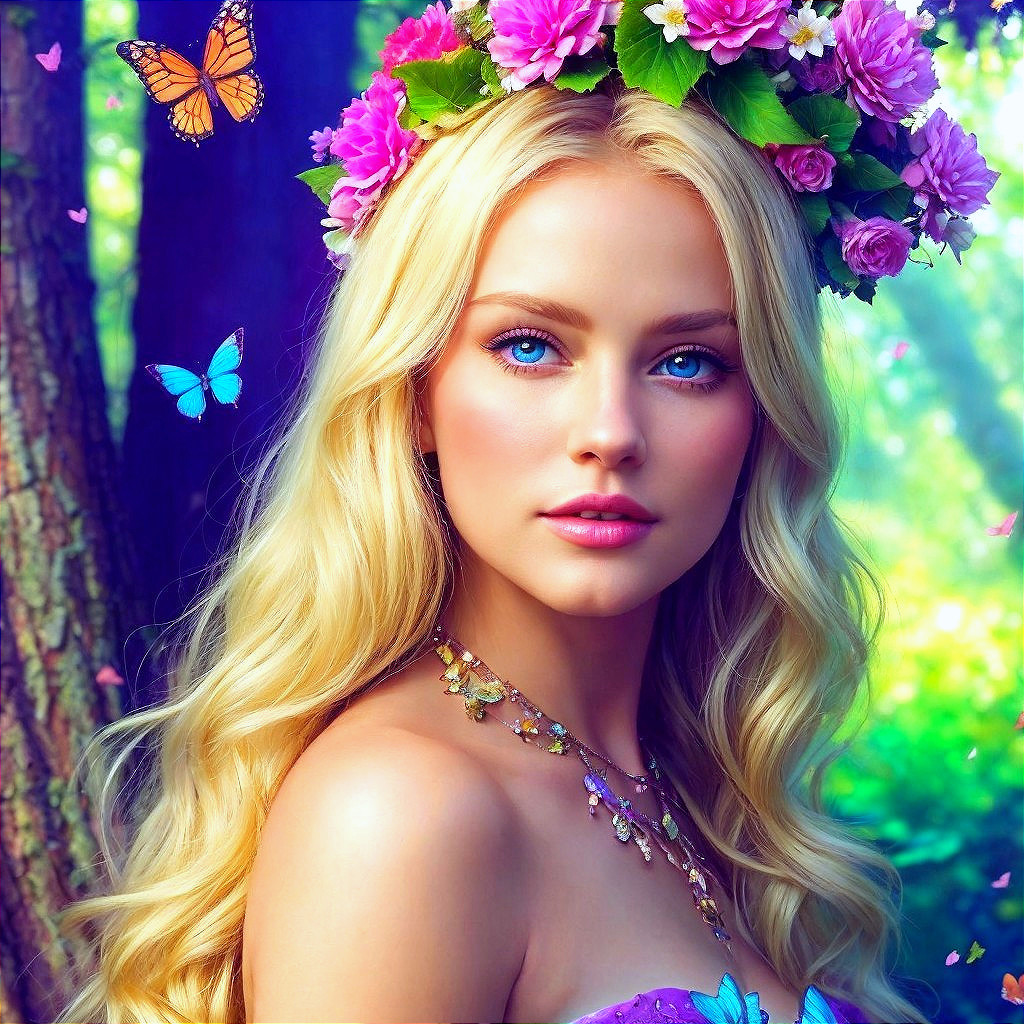 Young woman in vibrant forest with flower crown
