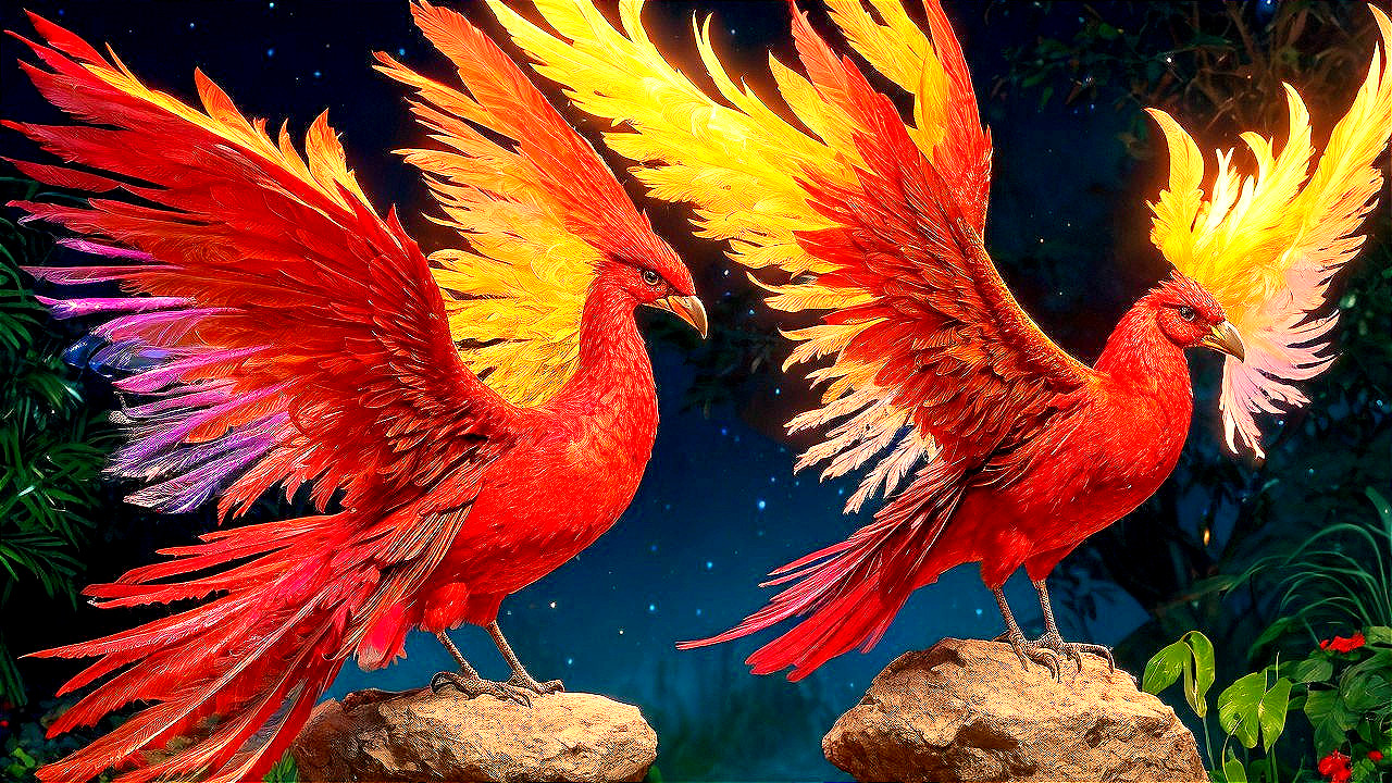Mythical Birds with Fiery Plumage in Enchanted Setting