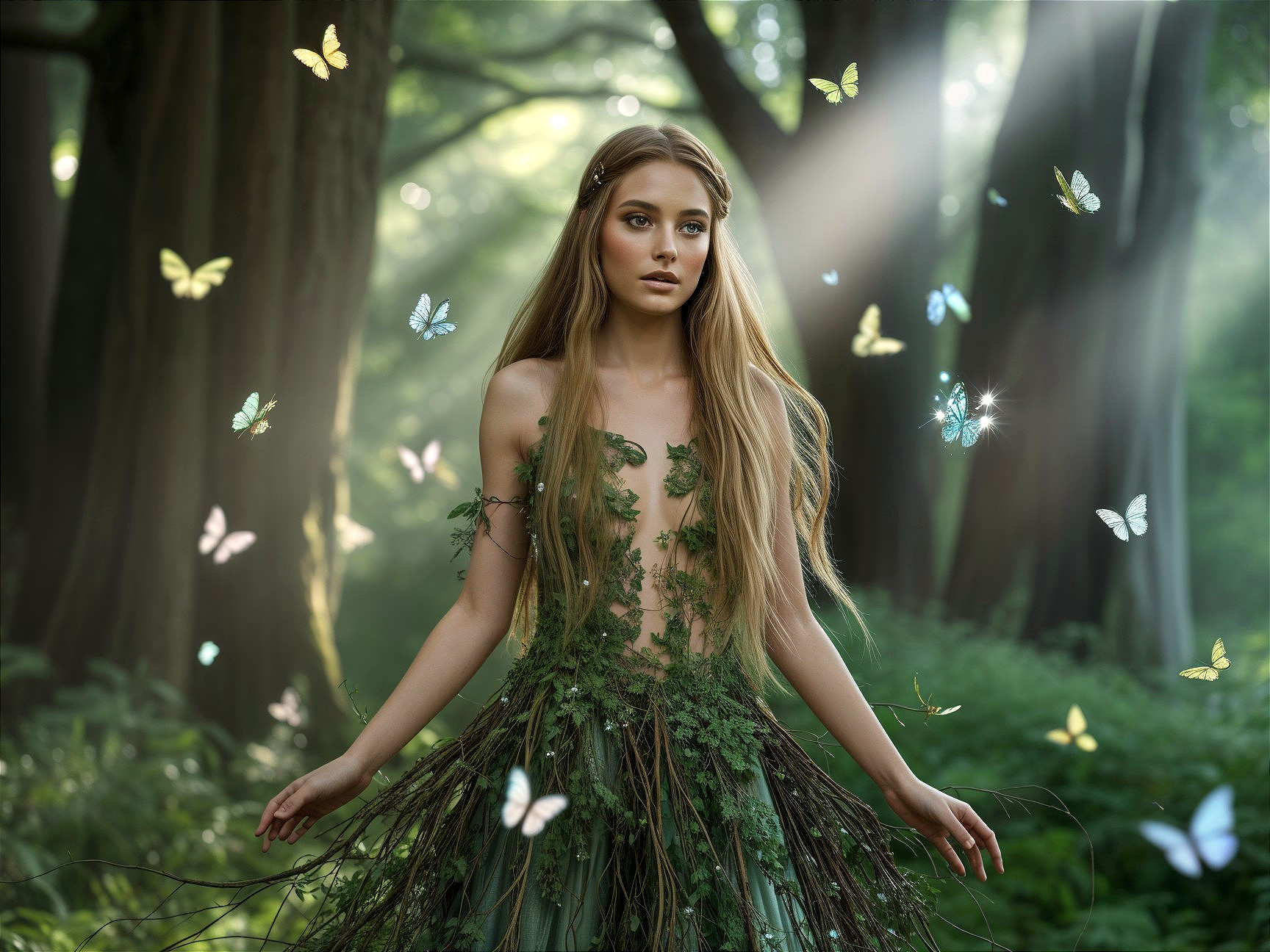 Young woman in nature-inspired gown in mystical forest