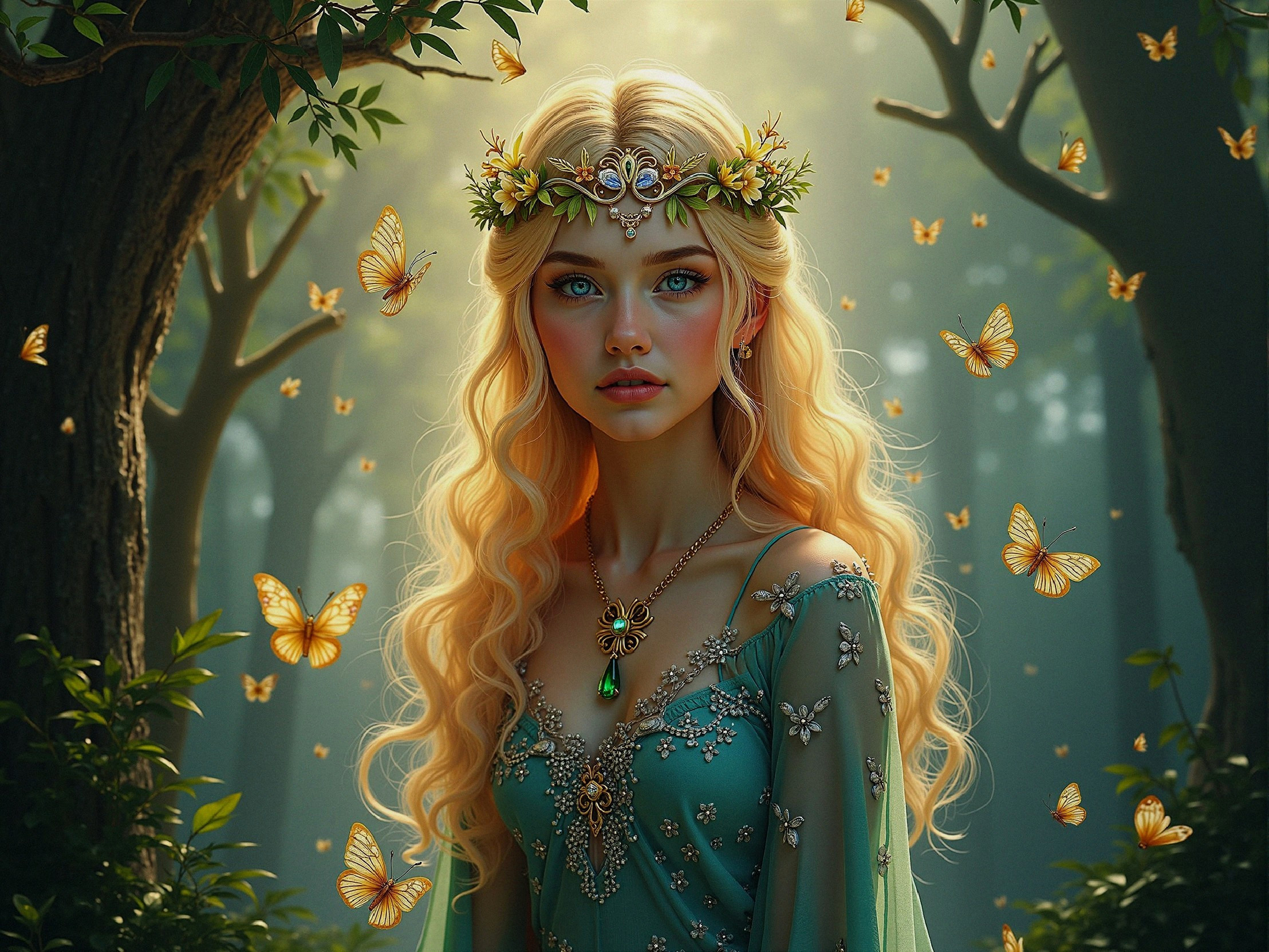 Serene Woman in Teal Gown Surrounded by Butterflies