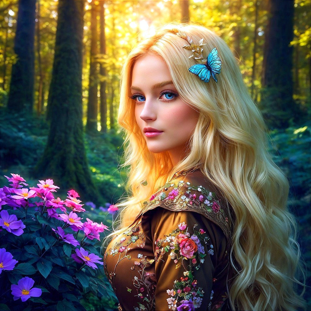 Young Woman in Embroidered Dress in Serene Forest