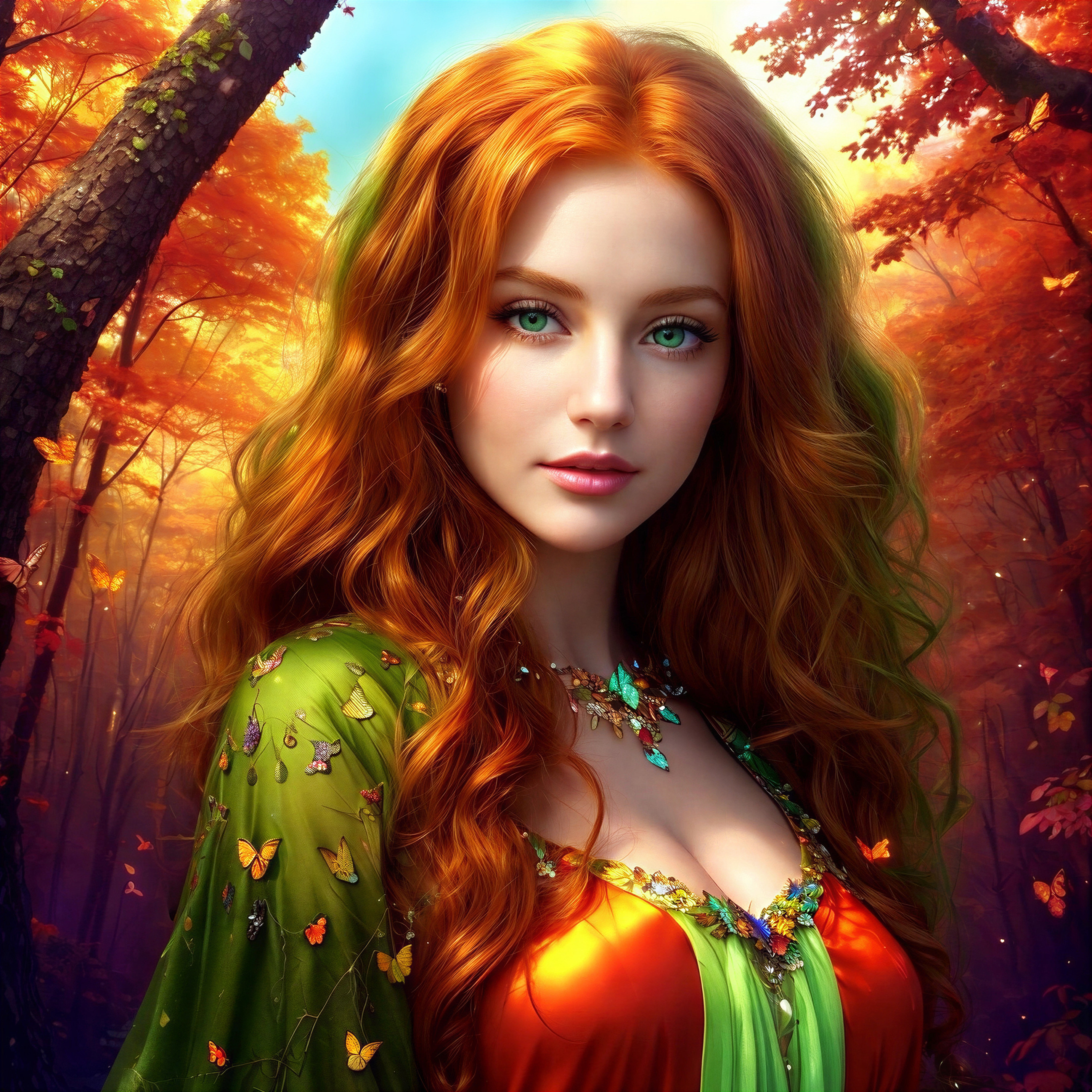 Young woman in autumn forest with vibrant gown and hair