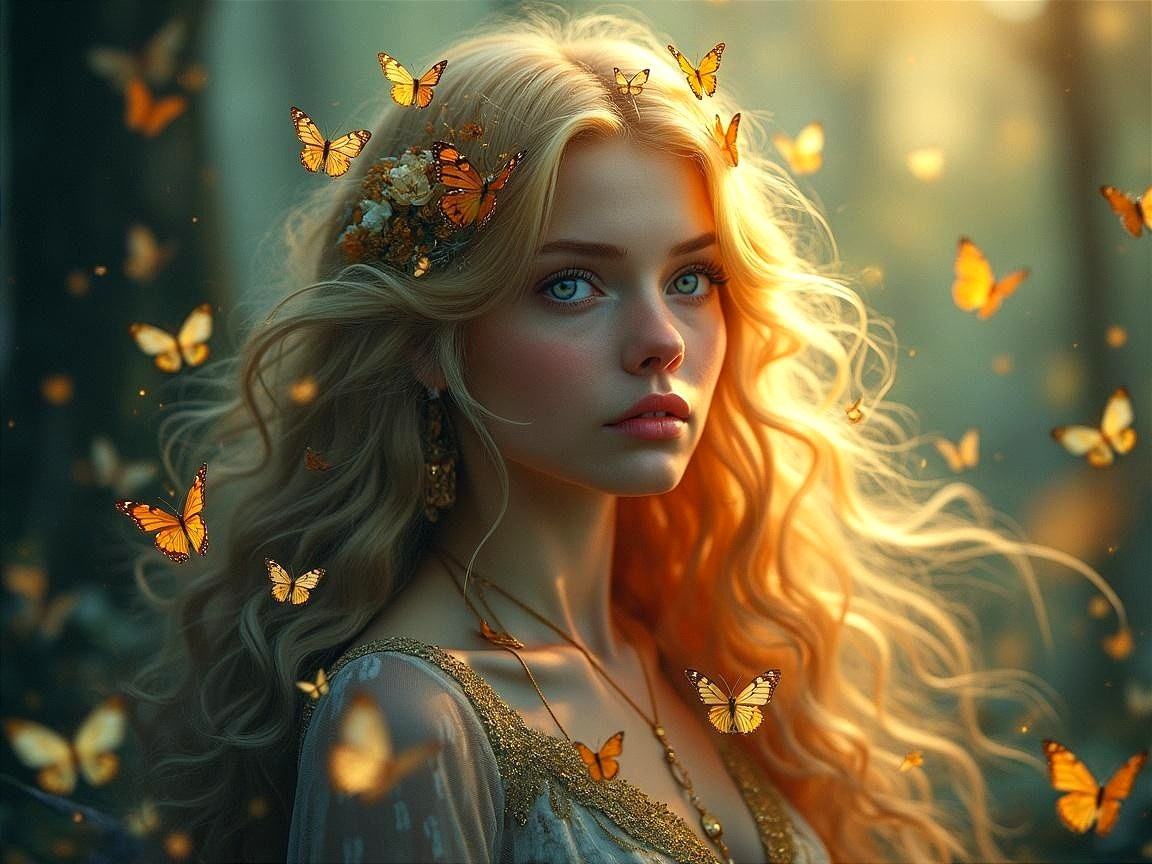Young woman in magical forest with butterflies and flowers