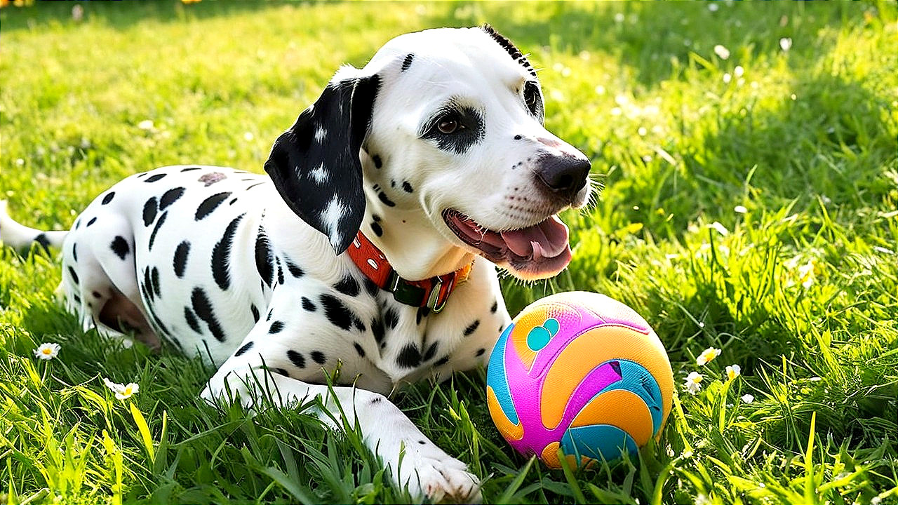 Dalmatian Relaxing on Green Lawn with Colorful Ball