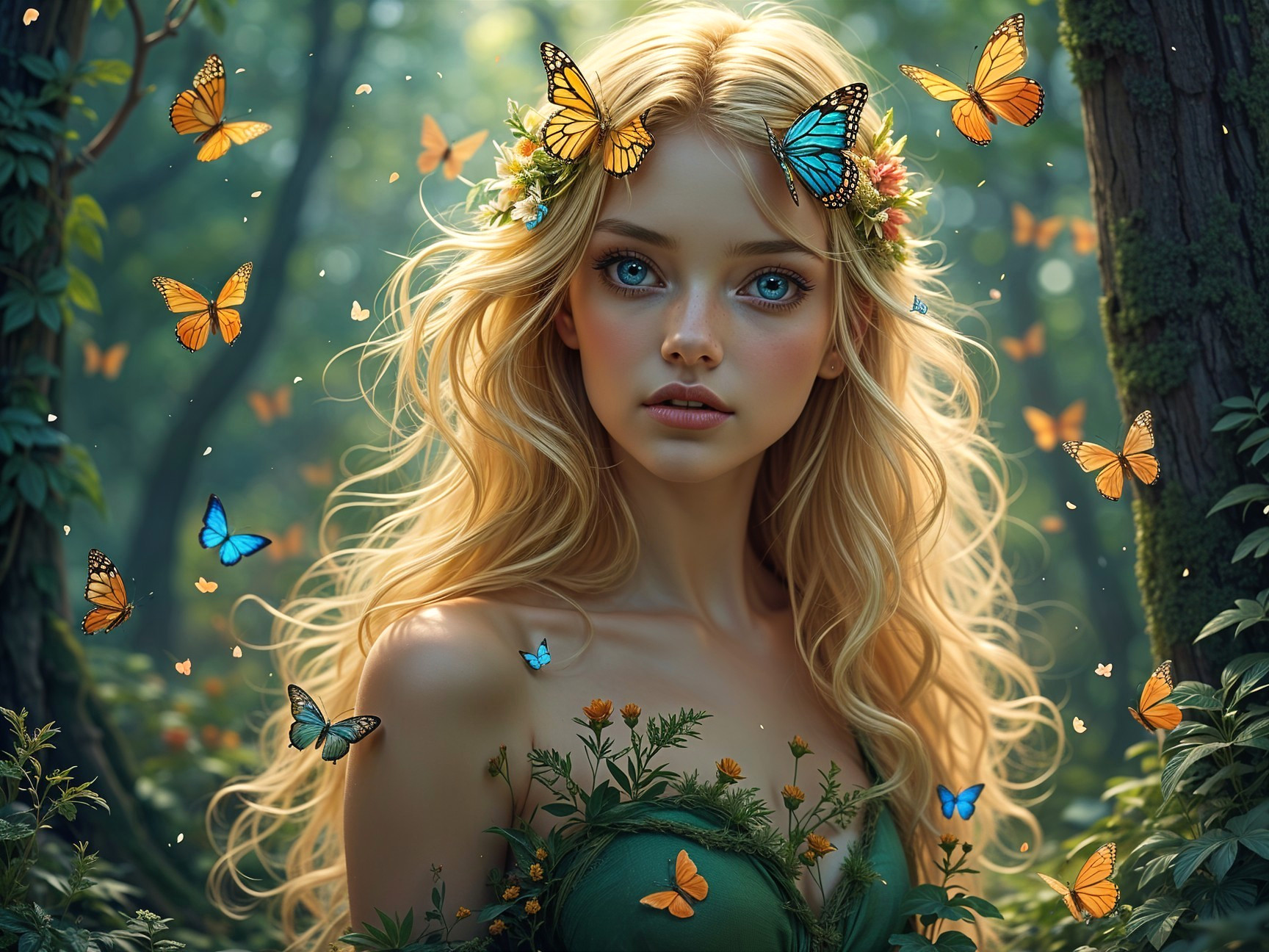 Young Woman in a Flower-Adorned Forest with Butterflies
