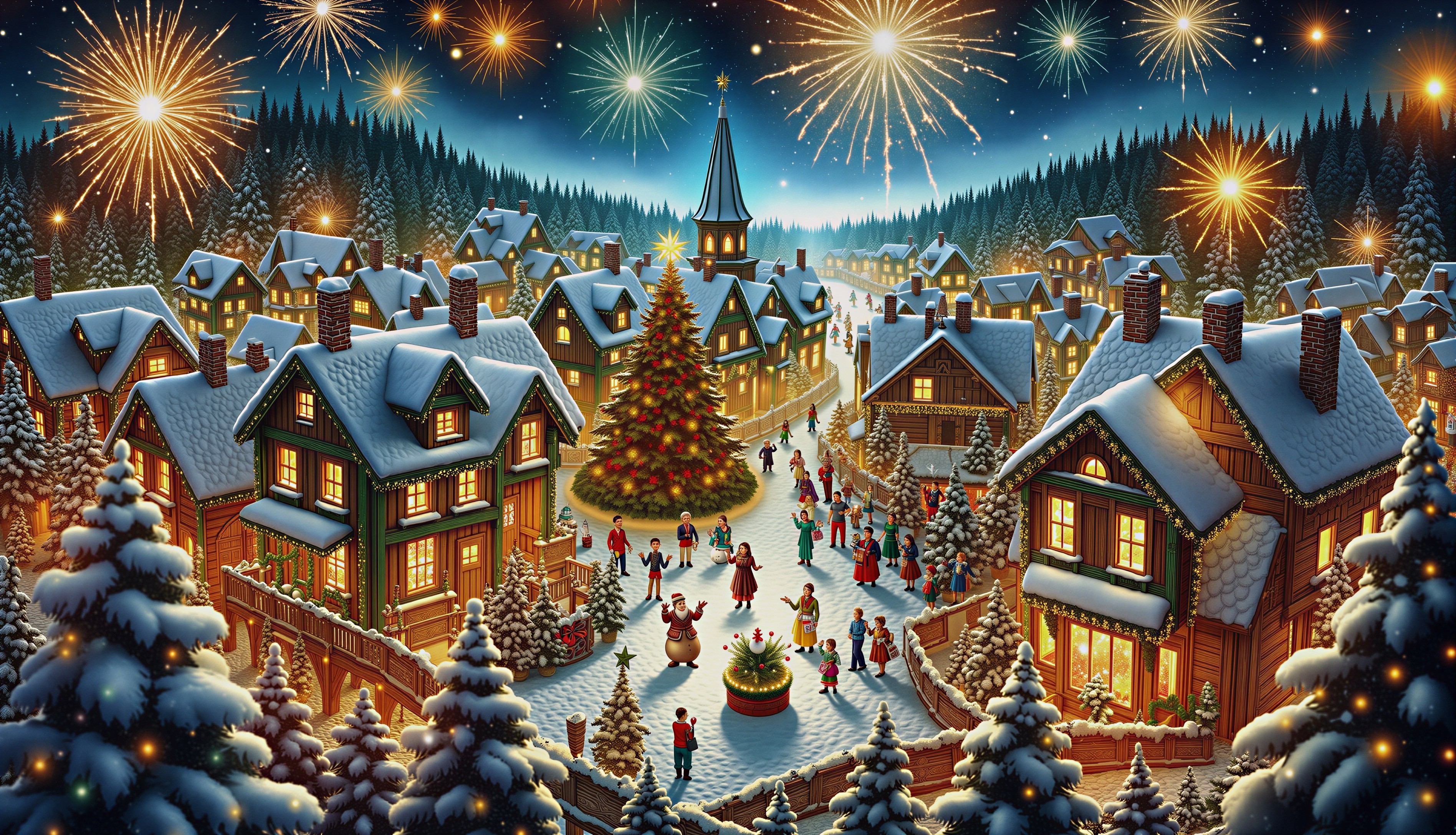Winter Village Scene with Holiday Lights and Snow