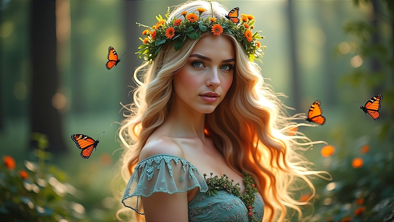 Young woman in floral crown in sunlit forest setting
