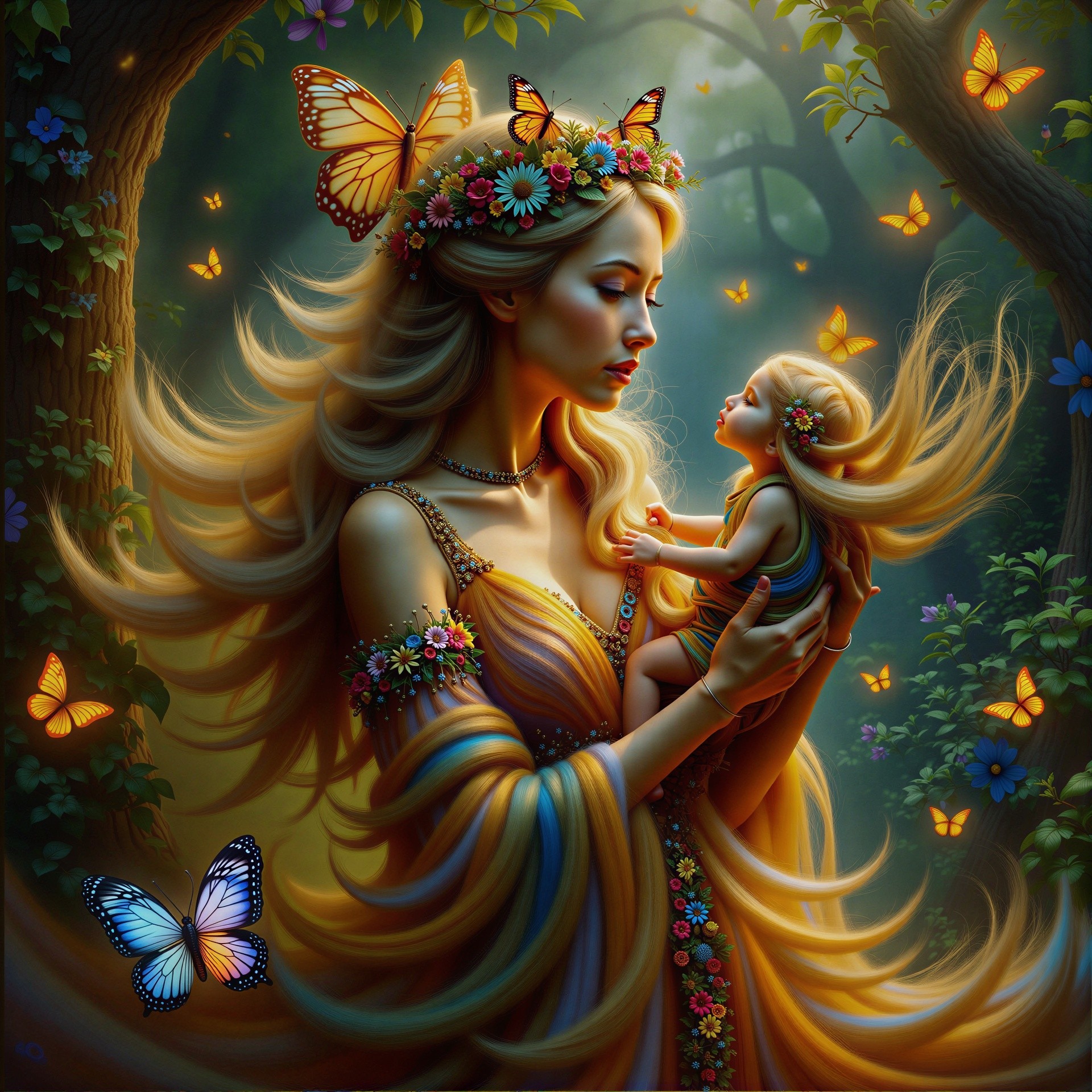 Magical Forest Scene with Woman and Child Adorned in Flowers