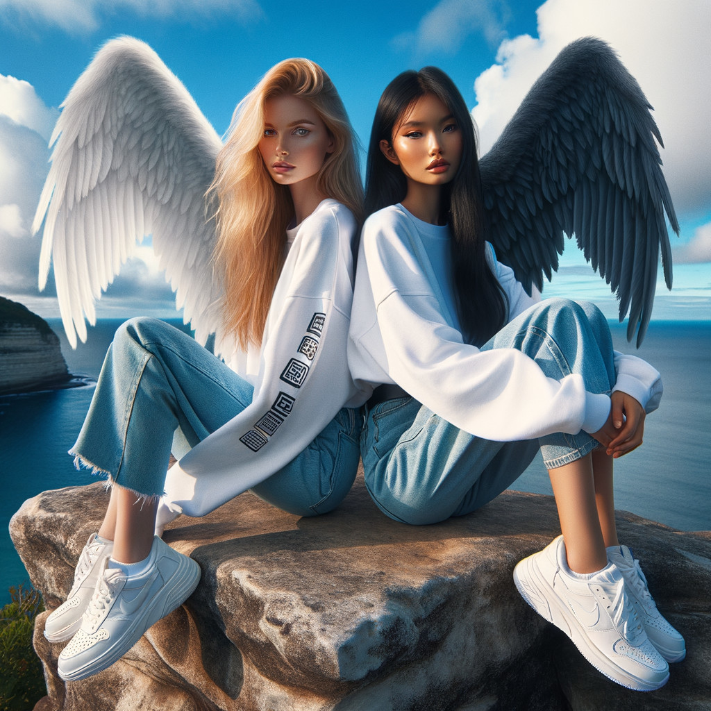 Young women with angel wings on a coastal ledge