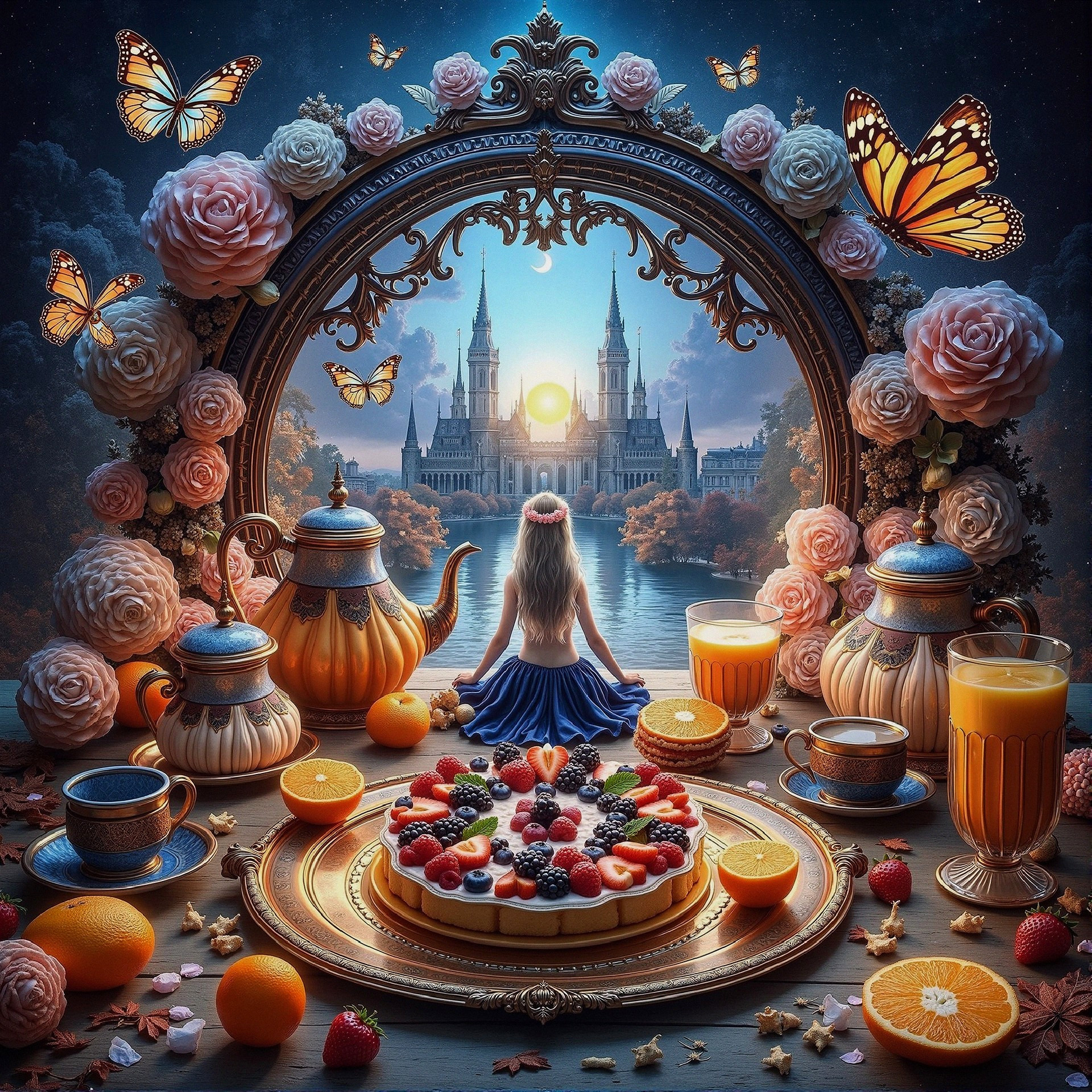 Whimsical Girl at Lavish Table with Castle Background