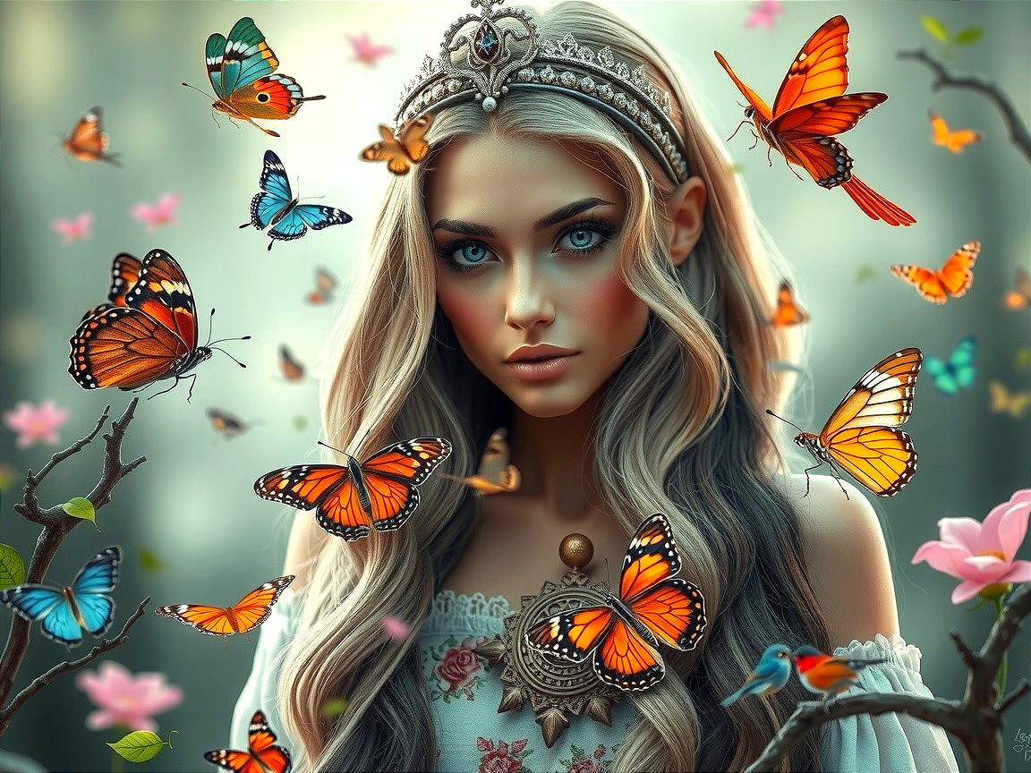 Young woman with crown amidst butterflies and flowers