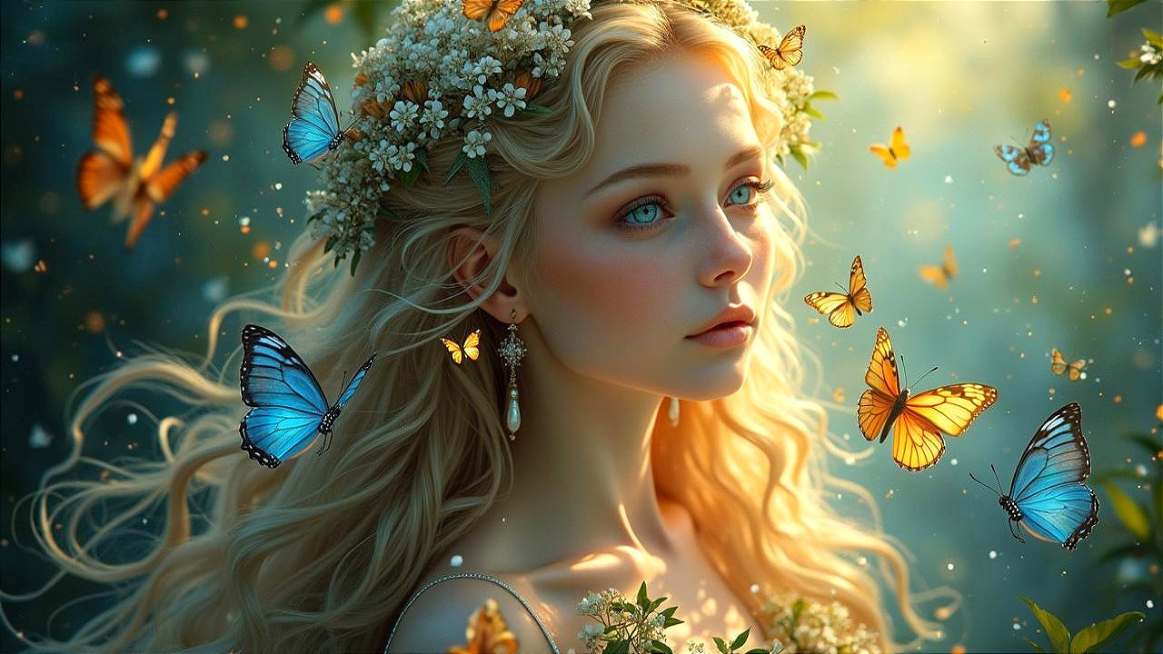 Serene woman in enchanted forest with butterflies