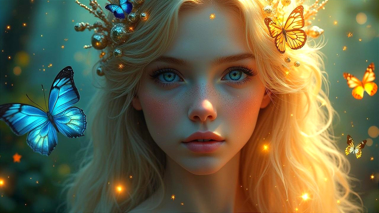 Young woman with blonde hair and butterflies in glow