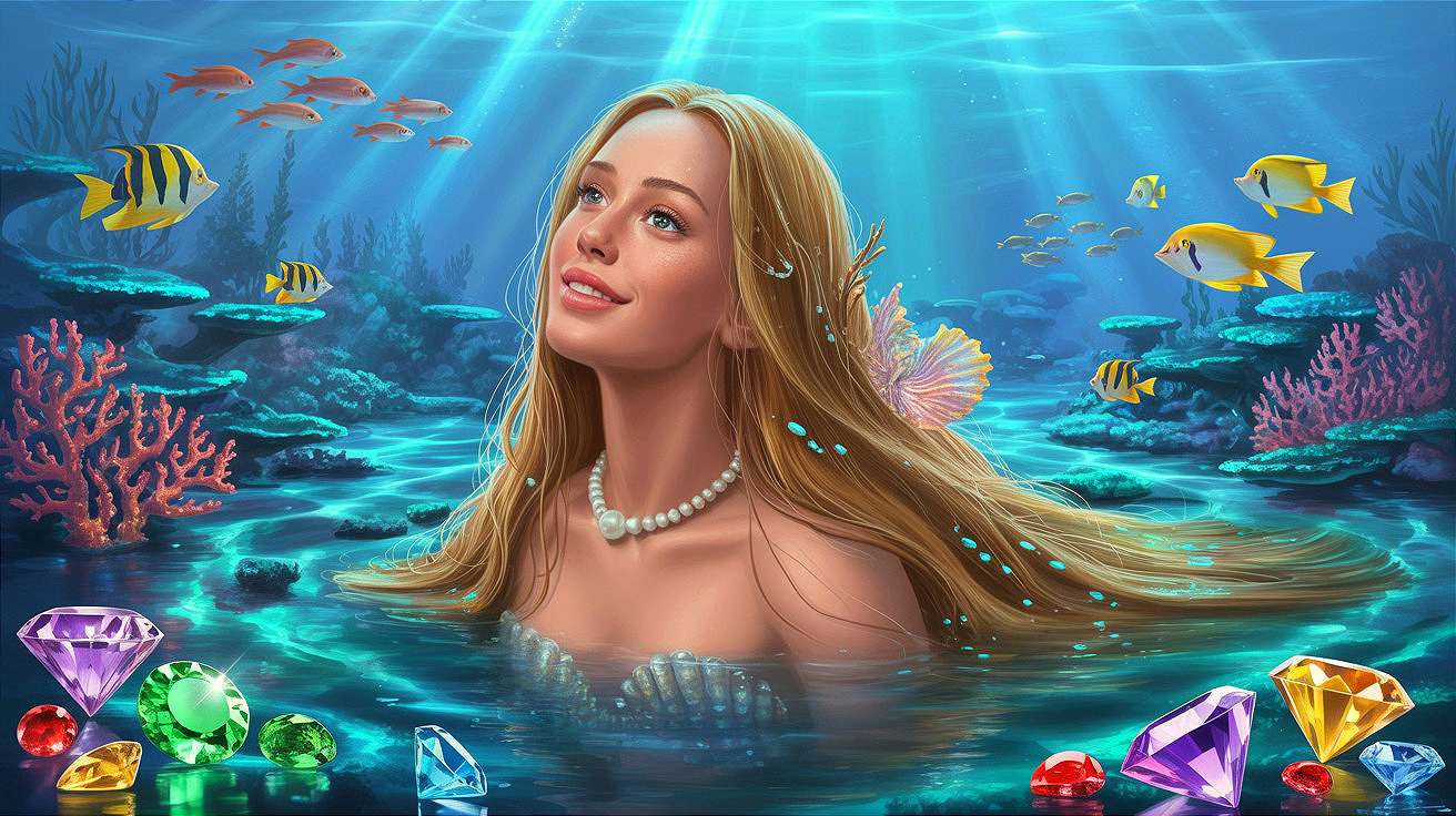 Underwater Scene with Joyful Woman and Colorful Fish