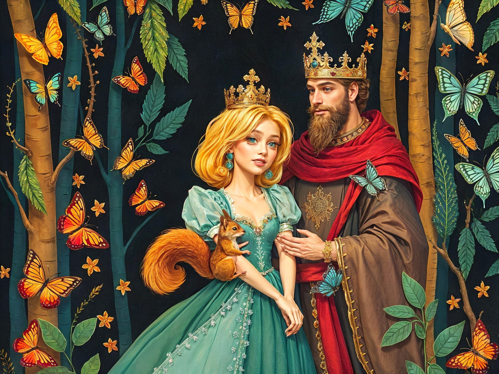 Regal couple in whimsical forest with butterflies
