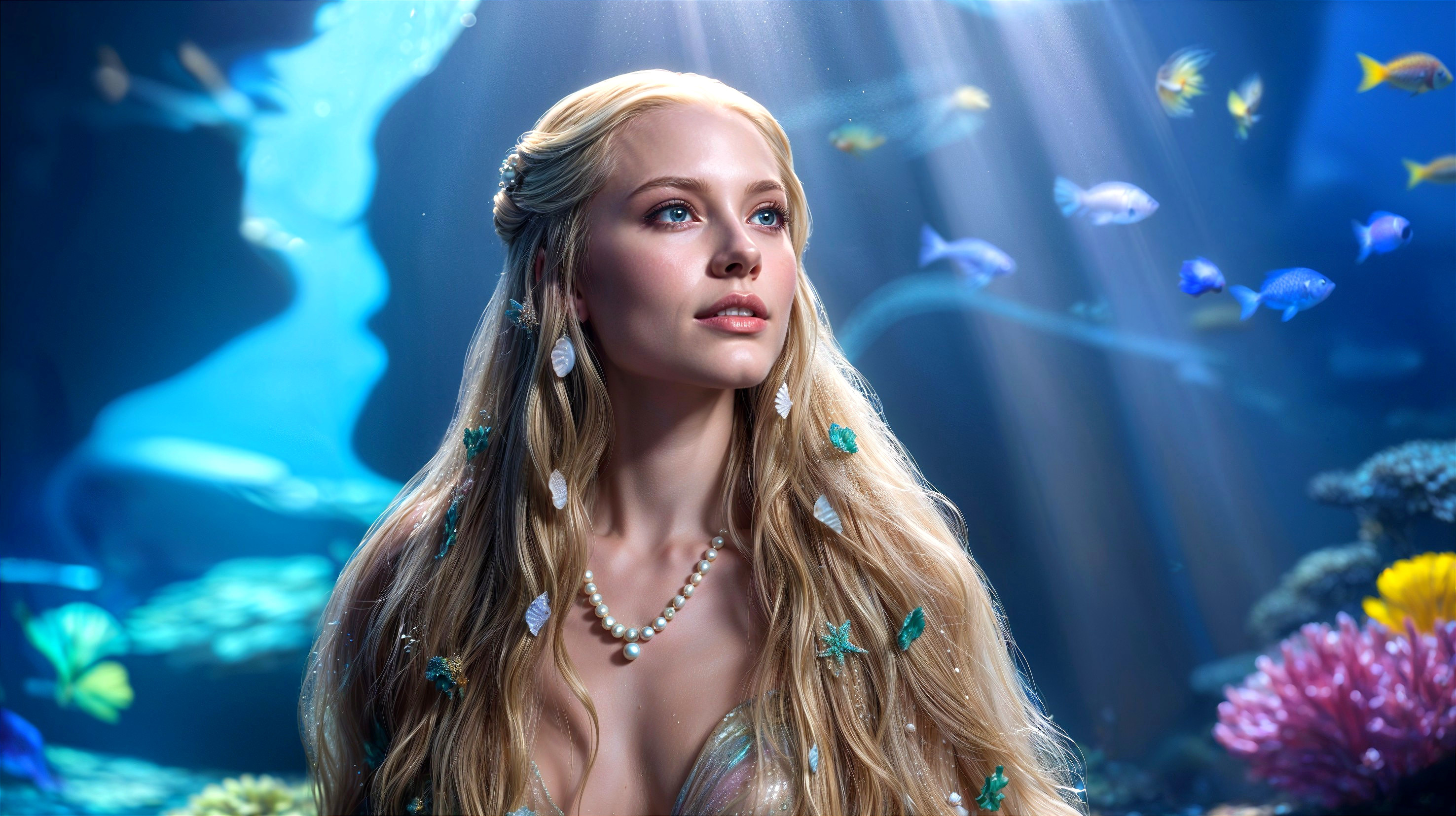 Underwater Scene with Young Woman and Marine Life