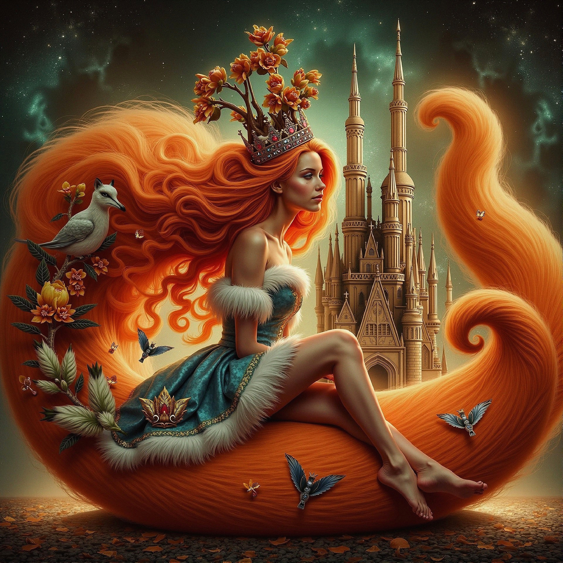 Whimsical Princess on Fox Tail with Castle Background