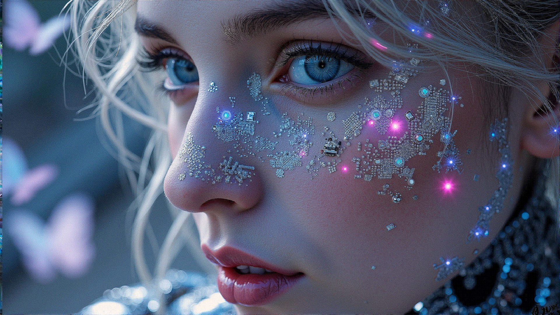 Close-up of a woman with blue eyes and face art
