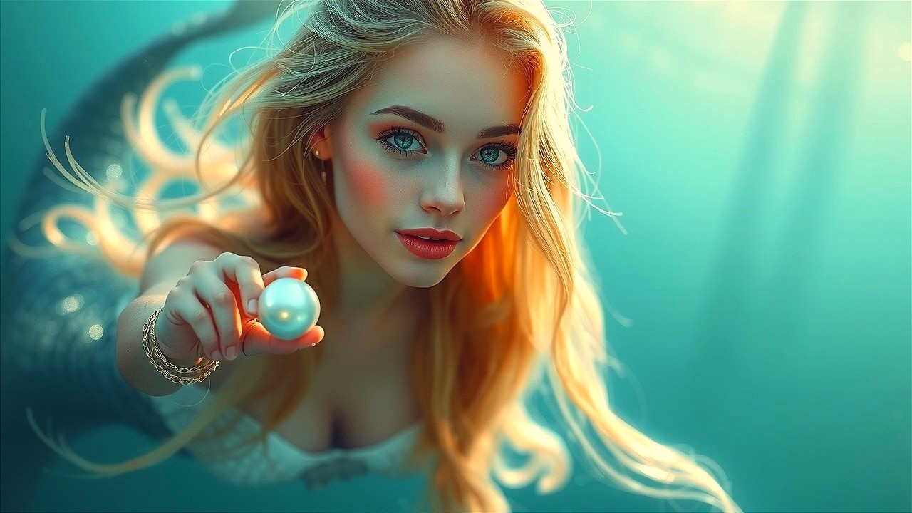 Mermaid with Blonde Hair and Shimmering Pearl Underwater