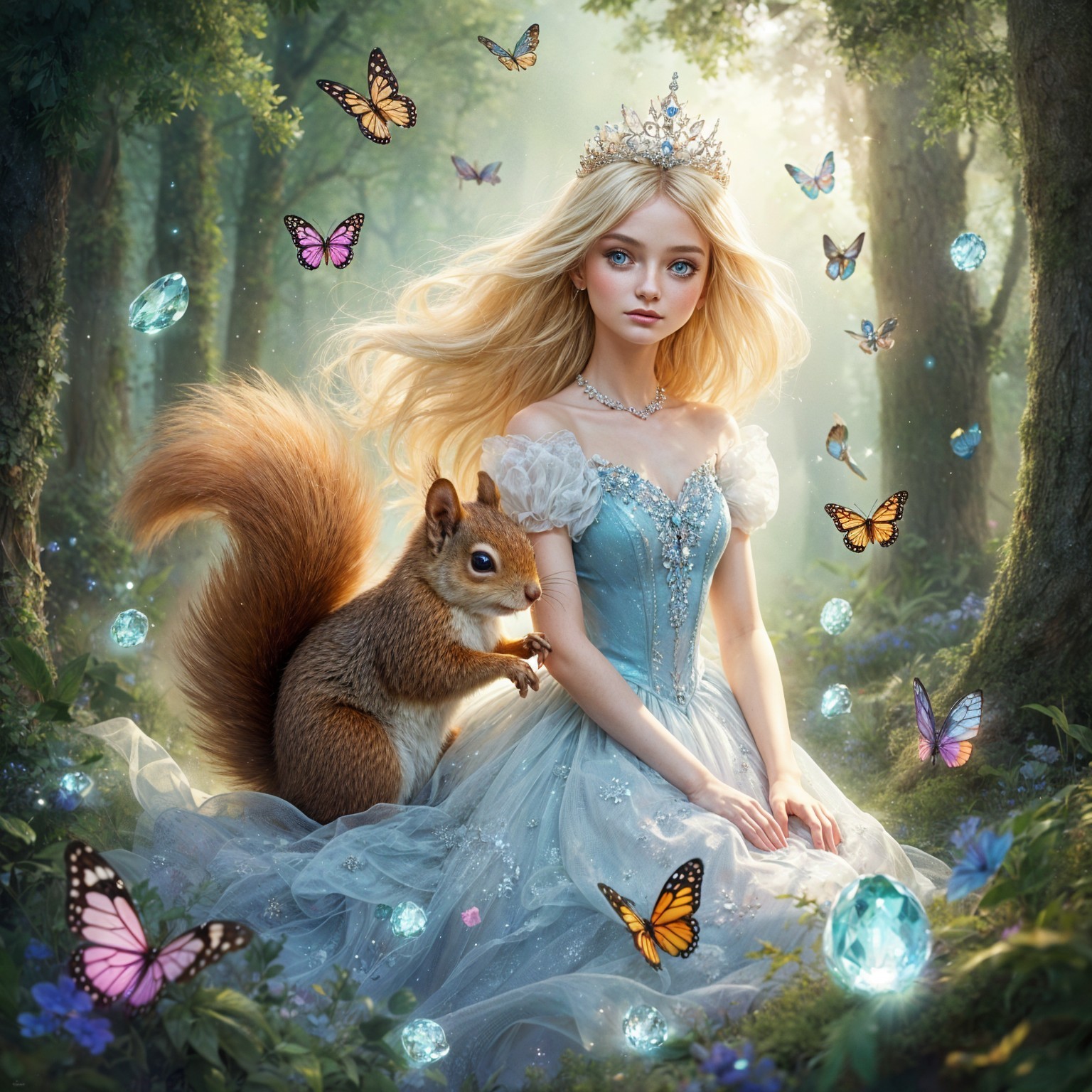 Serene princess in enchanting forest with butterflies