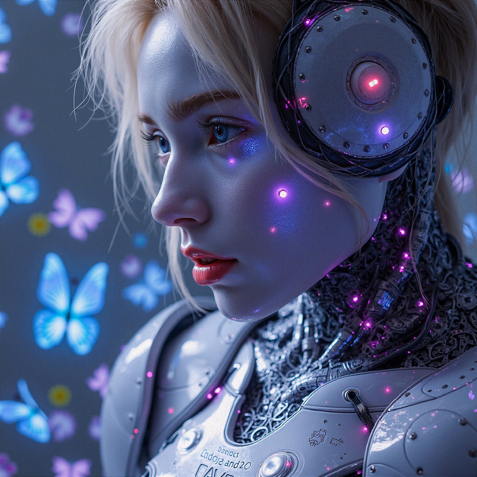 Futuristic humanoid robot with glowing circuitry and butterflies
