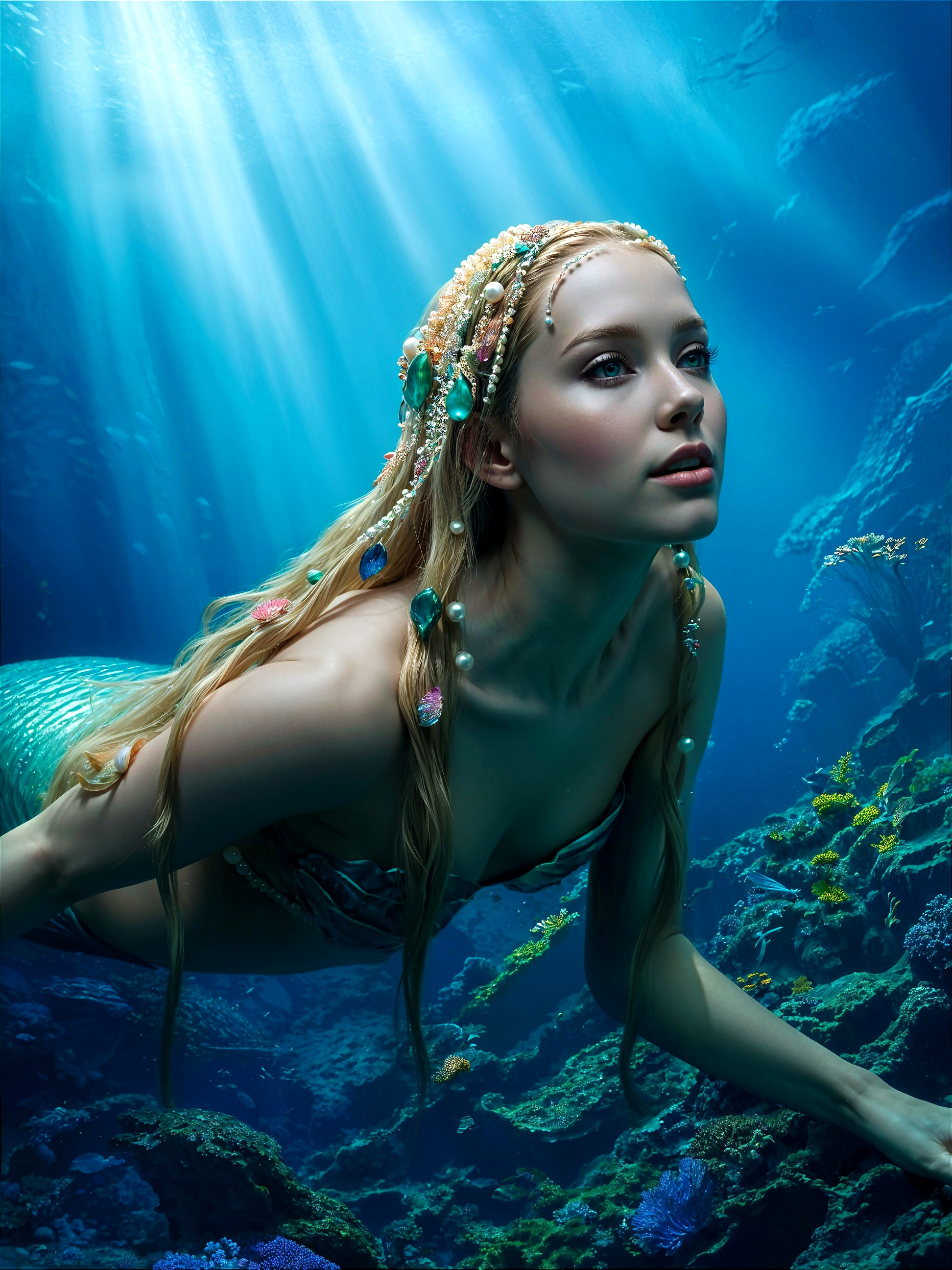 Underwater Scene of a Mermaid Among Coral Reefs