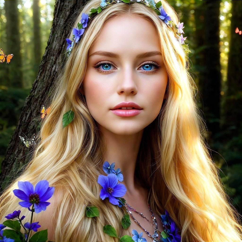 Young woman in a forest with floral crown and butterflies
