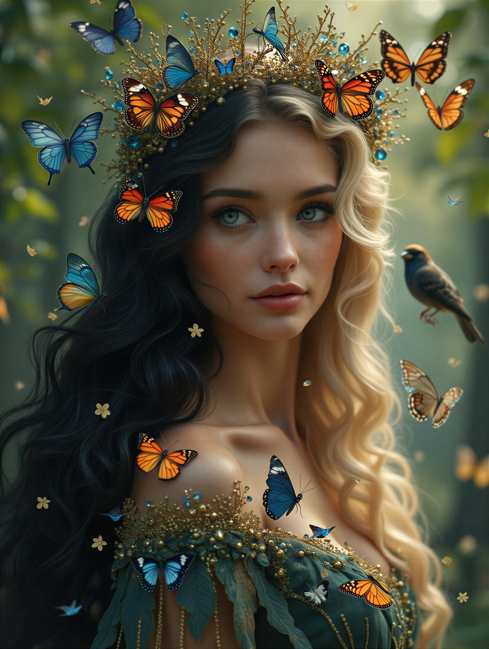 Young woman with dual-colored hairstyle in forest setting