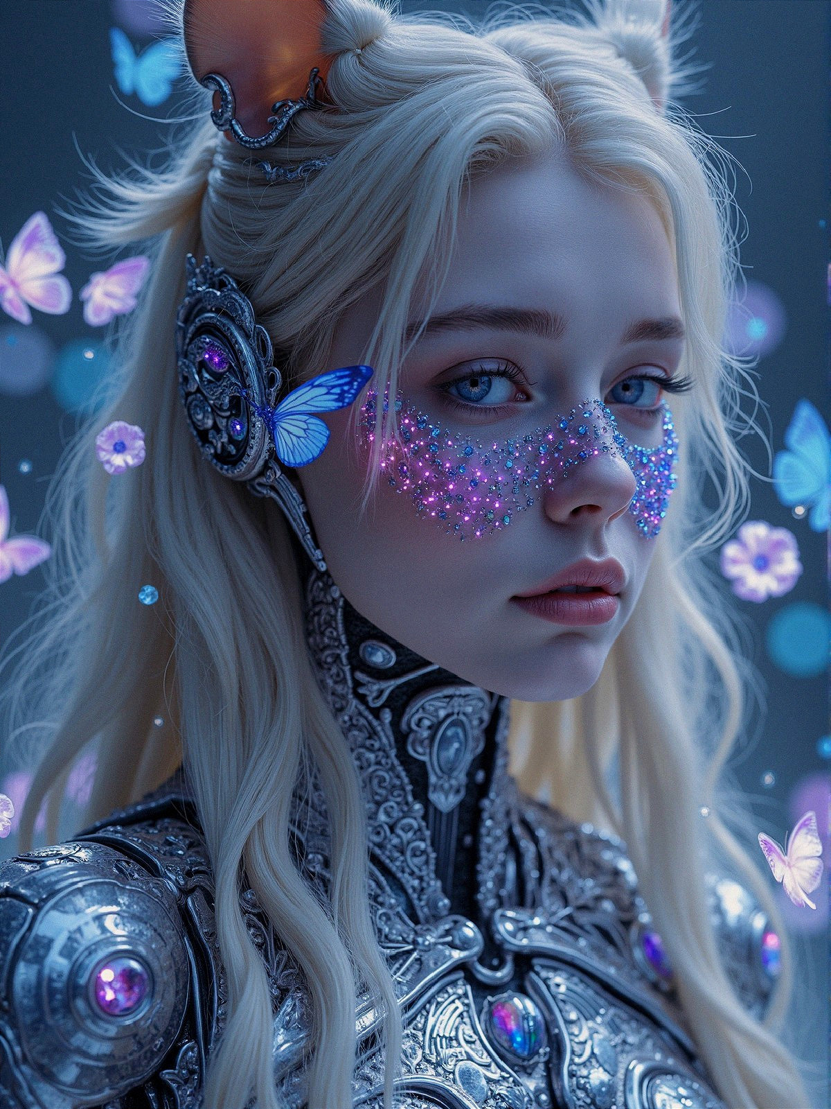 Young Woman in Intricate Armor with Butterfly Motifs