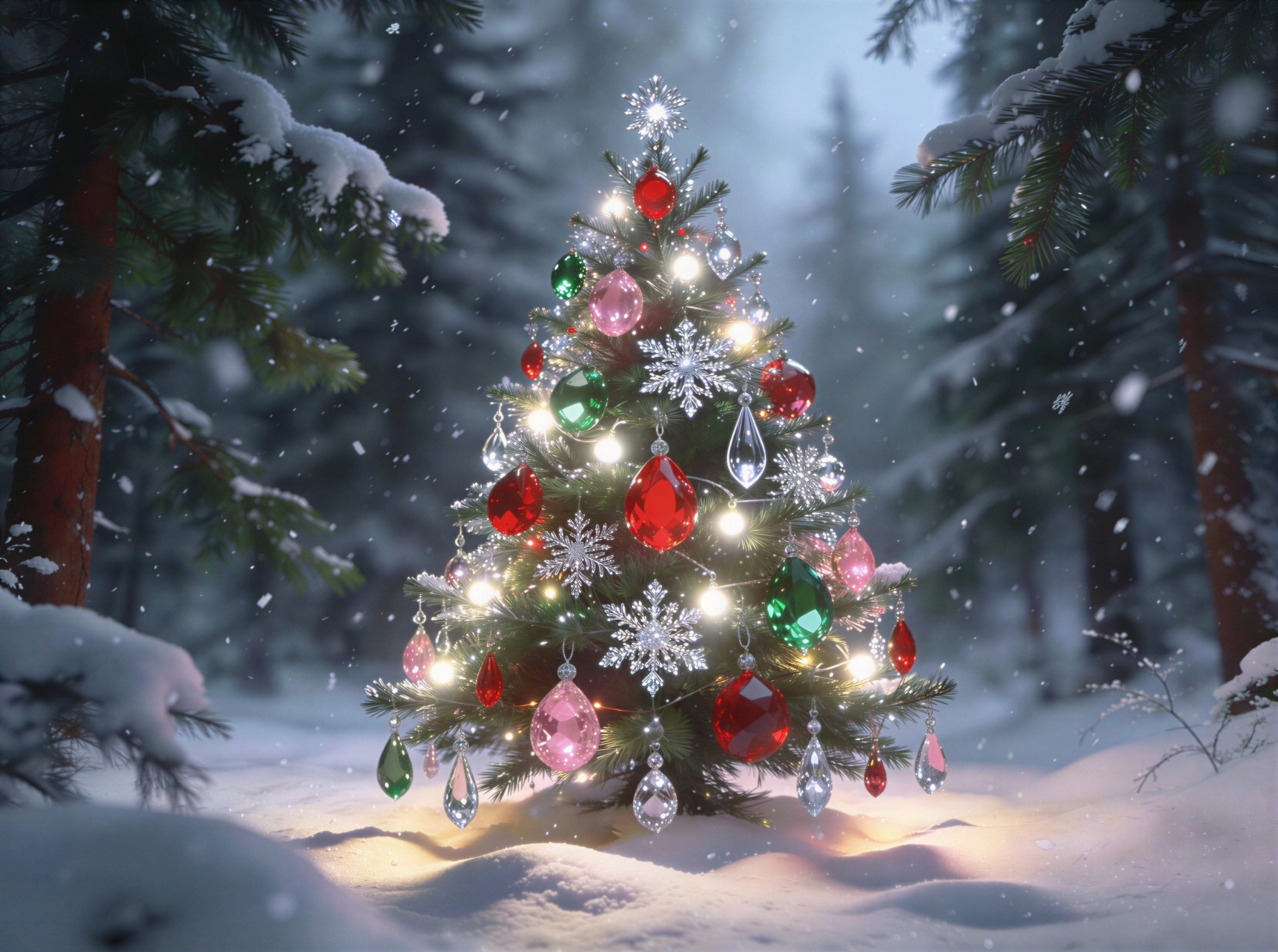 Magical Bokeh Christmas Scene in Snowy Forest