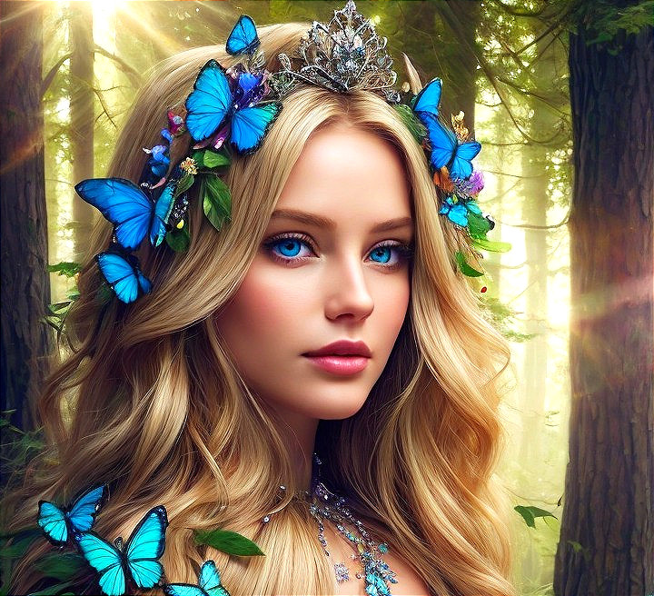 Portrait of a Young Woman in Forest with Butterflies