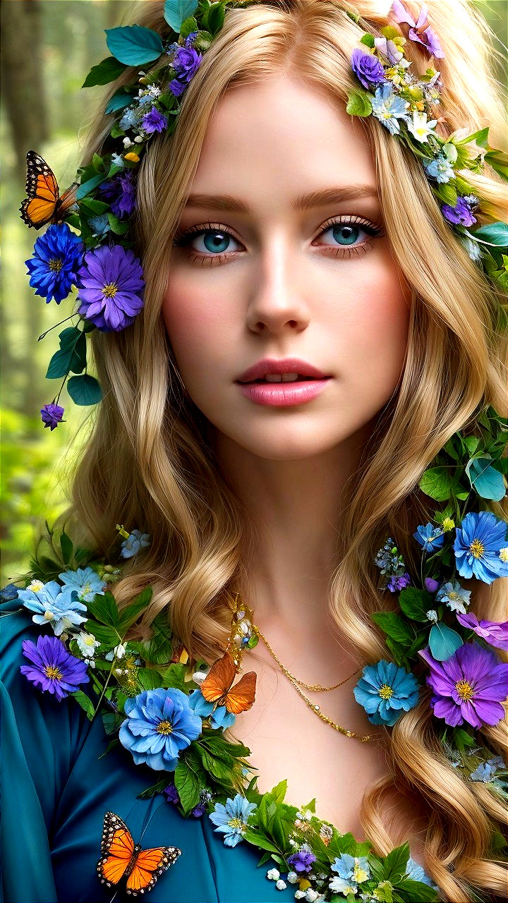 Serene portrait of a woman with flowers and butterflies