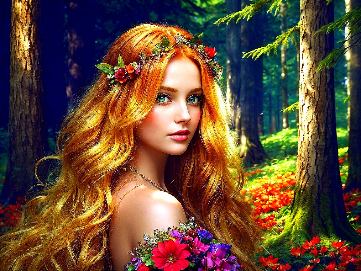 Young woman in floral crown in vibrant forest setting