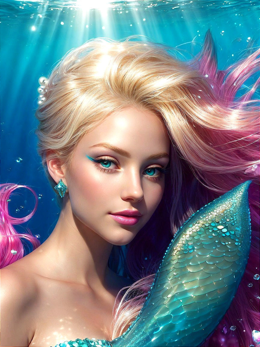 Mermaid portrait with pastel hair and iridescent tail