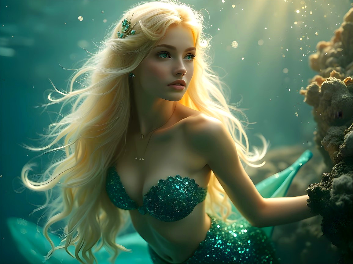 Mermaid Underwater Scene with Teal Top and Green Tail