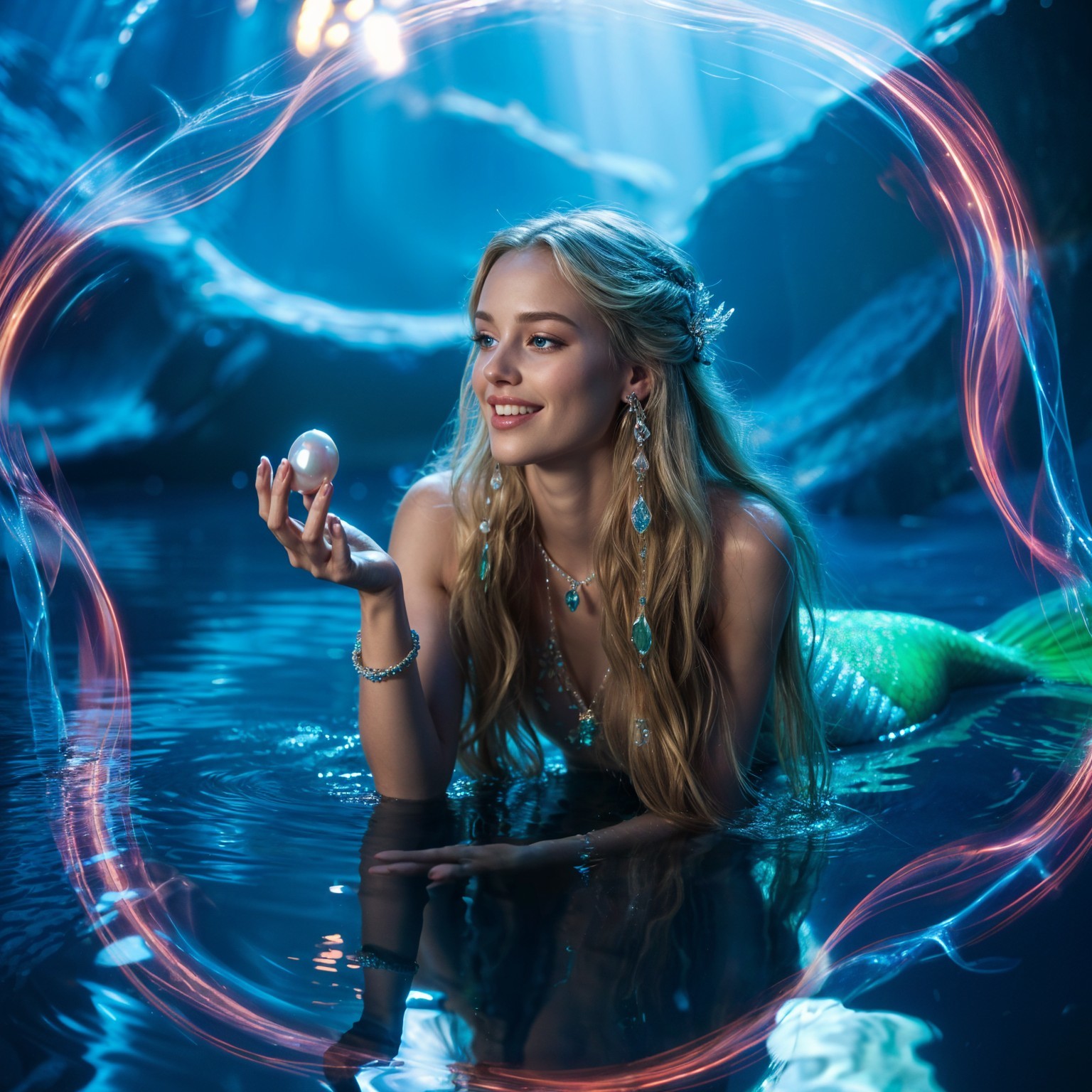 Underwater Scene with Mermaid and Luminous Pearl