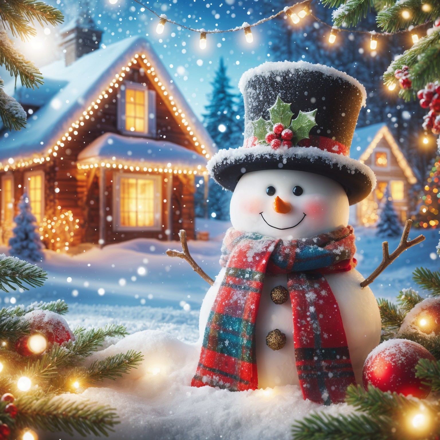 Cheerful snowman in snowy landscape with cabin and lights