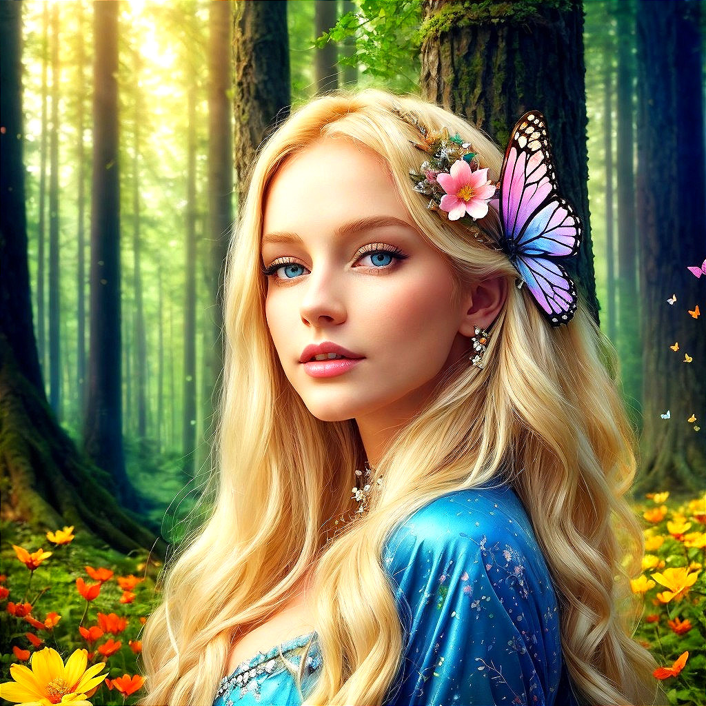 Young woman in blue gown in vibrant forest setting