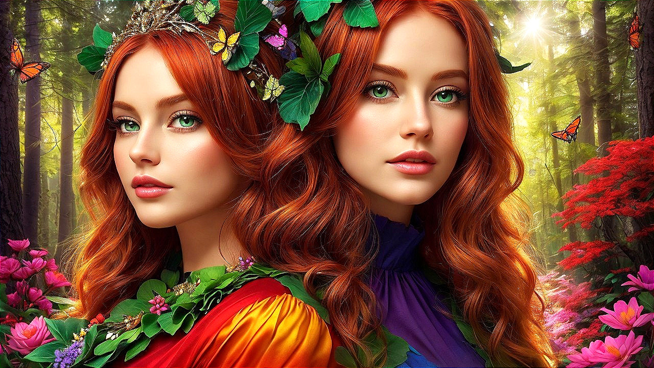 Identical Twins in a Vibrant Enchanted Forest