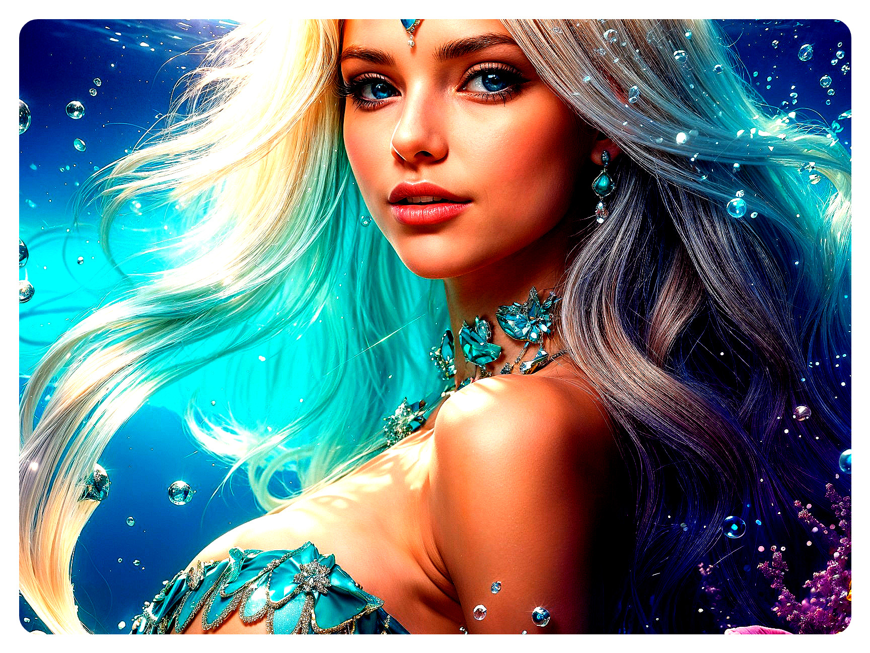 Underwater Scene of a Mermaid with Iridescent Hair