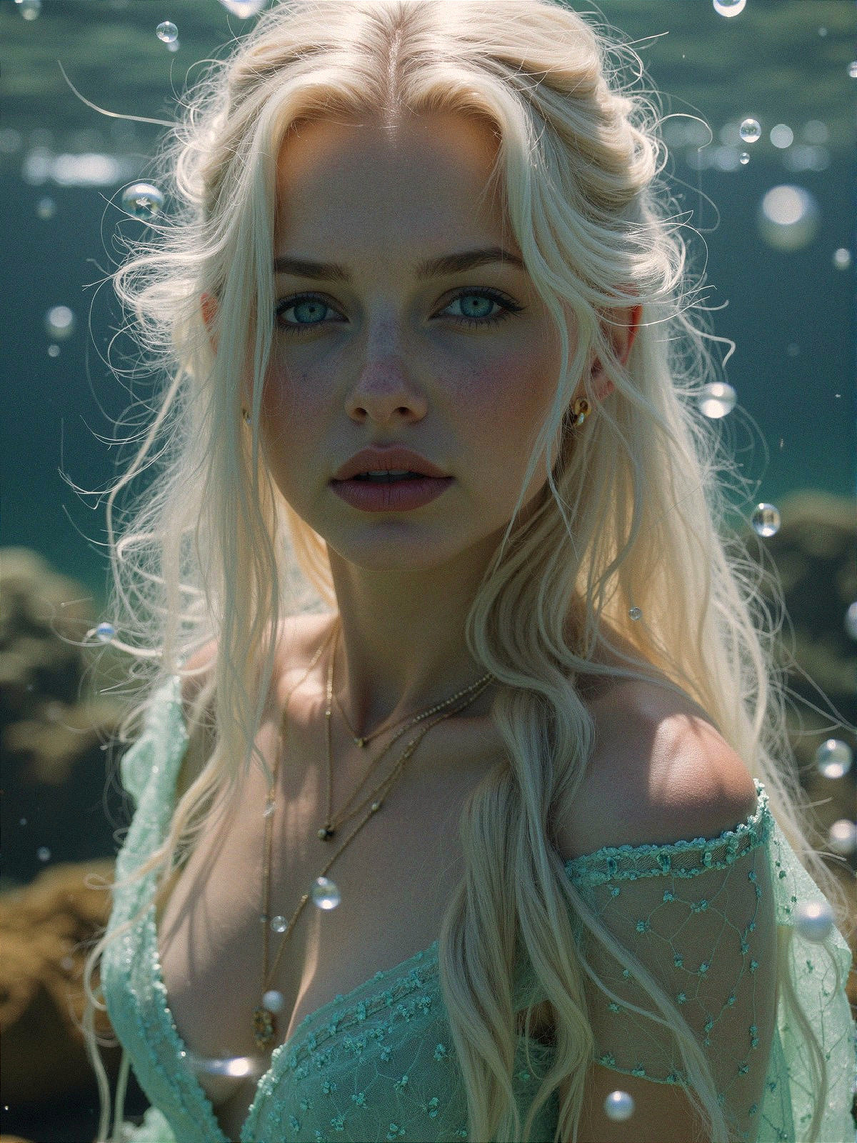 Young Woman in Ethereal Underwater Scene with Bubbles