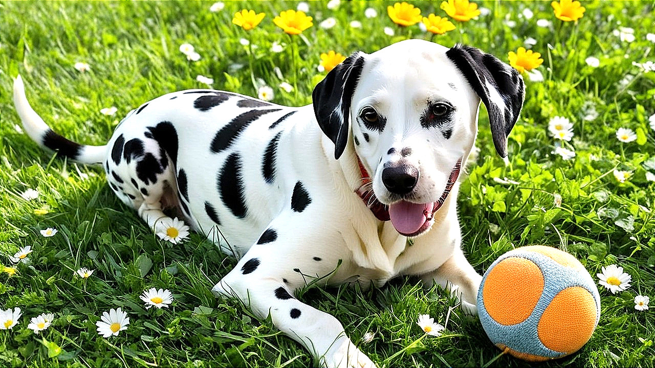 Dalmatian on Grass Surrounded by Flowers and Ball