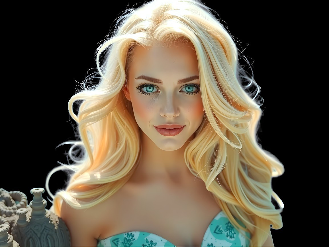 Young woman in turquoise dress with blonde hair and blue eyes