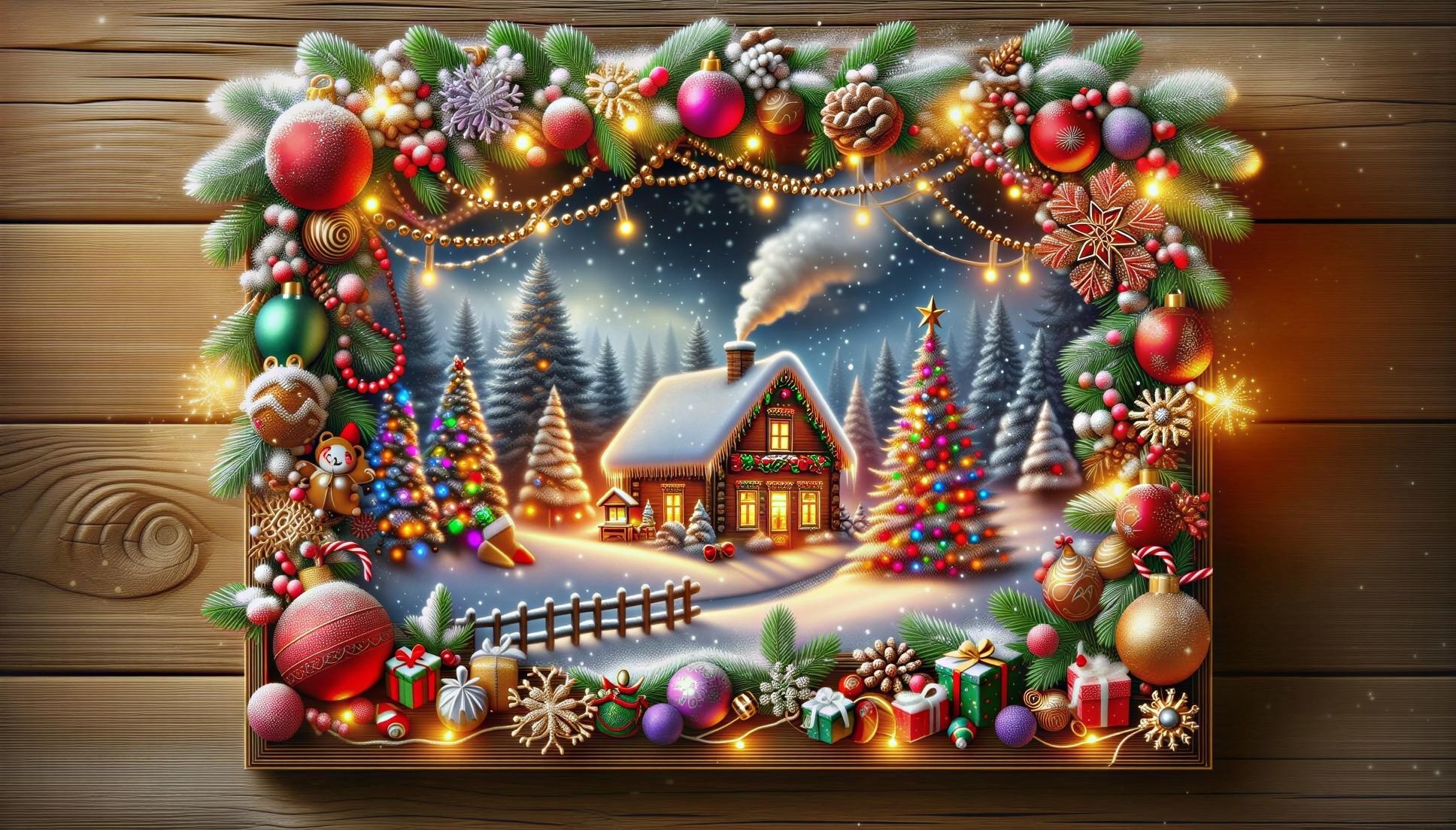 Cozy Winter Scene with Christmas Decorations and Cabin